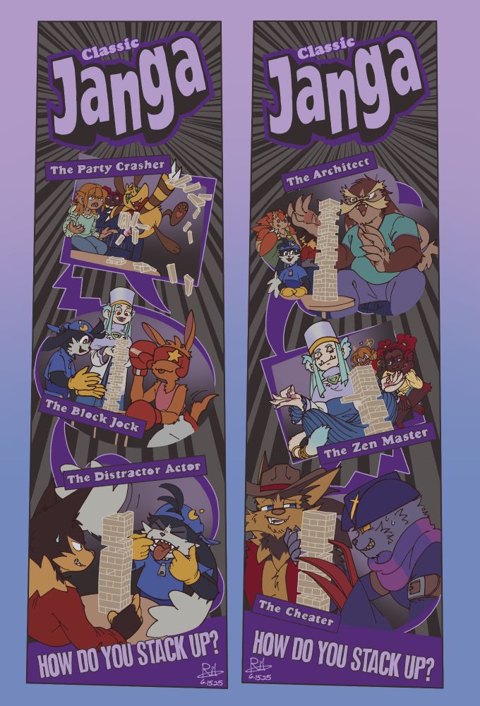 Redraw of Jenga's box (rewritten to to say Janga) where Klonoa charas are playing it with the different labels of play type: party crasher, block jock, distractor actor, architect, zen master and cheater.
Under party crasher is Popka destroying a jenga tower, with Lolo and Leorina watching with annoyance and rage.
For block jock, Chipple deftly took a piece out, blepping in victory. Klonoa and High Priestess watch in awe.
Klonoa plays the distractor actor, pulling a silly face, and sticking his tongue out. Guntz struggles to focus on taking a piece from the tower.
For the architect, Balue laughs maniacally as the tower seems to stay upright perfectly for him. Klonoa looks on, memories of Balue's tower plaguing him while smiling nervously. Pango and Guntz are having a pleasant chat in the bg.
High Priestess plays the zen master, sitting in a meditative pose while a piece removes itself from the tower. Leorina watches with annoyance while Lolo fangirls. 
Finally, Janga fills in the cheater roll, using two hands to take a piece out. Butz watches with a chuckle, unsurprised of Janga's audacity.