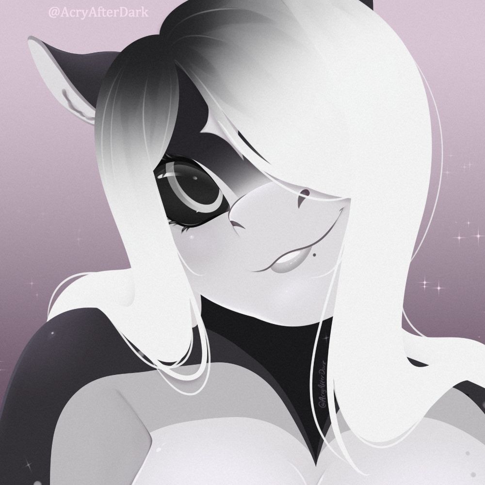 Digital artwork of an anthro horse character.
She is almost entirely greyscale, aside from a dull purple on the inside of her nostrils and ears. The mare has black sclera and pupils, leaving a silver ring for an iris. There is a black gradient coming down from the top of the skull, fading into grey, with a white 'star' marking in the centre of the forehead. Her mane starting black at the doors before also swiftly fading into grey and then white, covering one of her eyes and cascading down behind her shoulders. She smiles, looking up to the right.