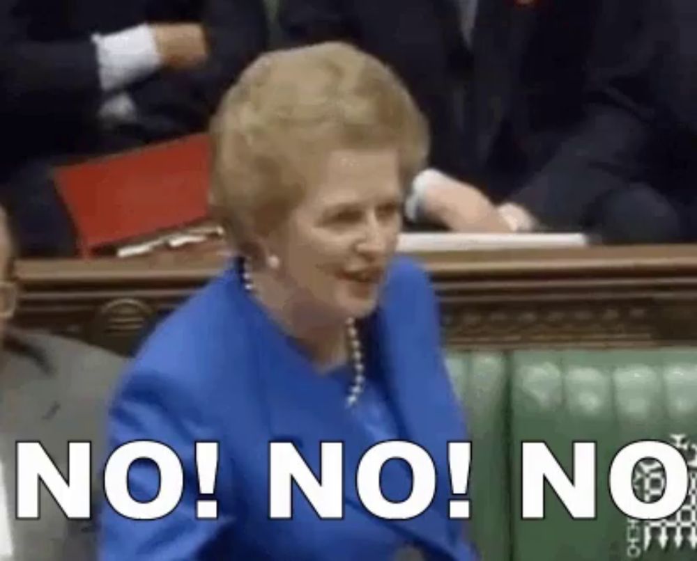 a woman in a blue suit is sitting in a parliament and says " no "