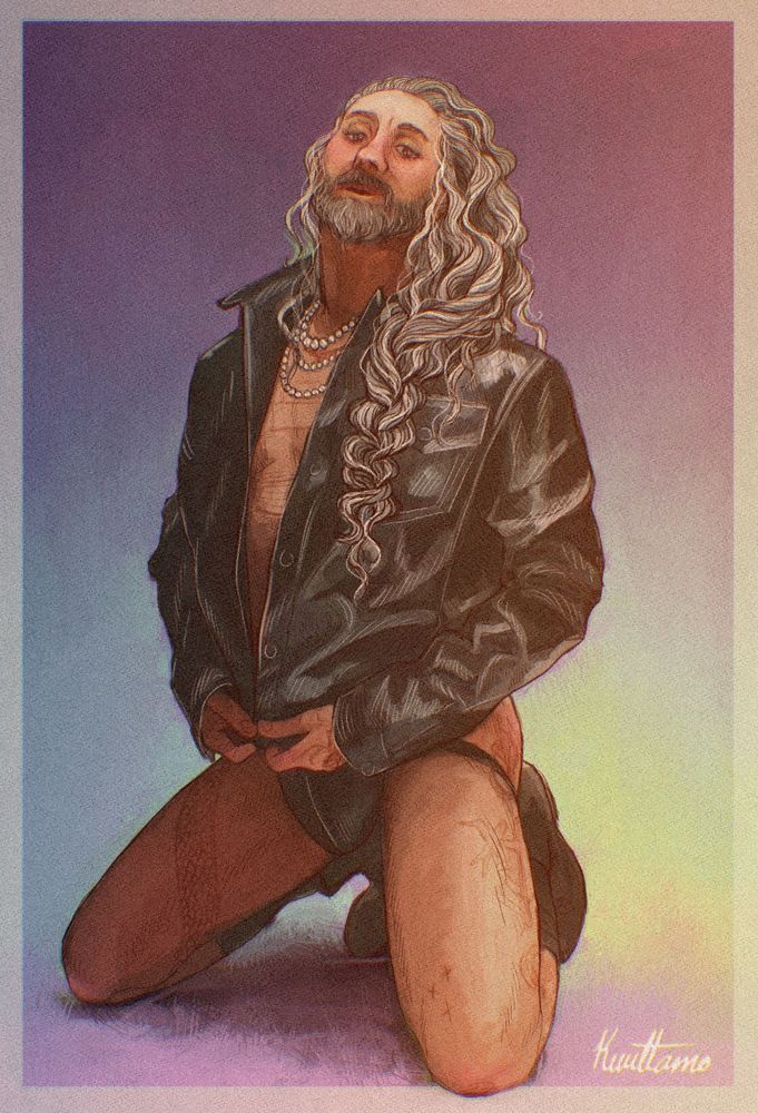 Digital drawing of Ed from Our Flag Means Death posing on his knees, dressed in leather jacked, jockstrap and very little else. His hair is falling over his shoulder in a loose braid
