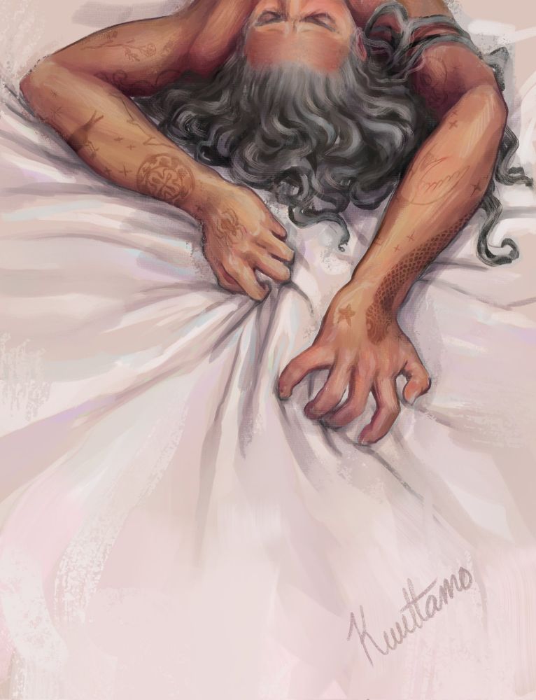 Digital painting of Ed, lying on his back on bed, shot from above. Only the top of his body , hands, shoulders and upper half of his head are withing the frame. His hands are up above his head, fingers gripping and digging into the white sheets. His gray curls are pooling under his head. His eyes are closed or cast down, brow furrowed.