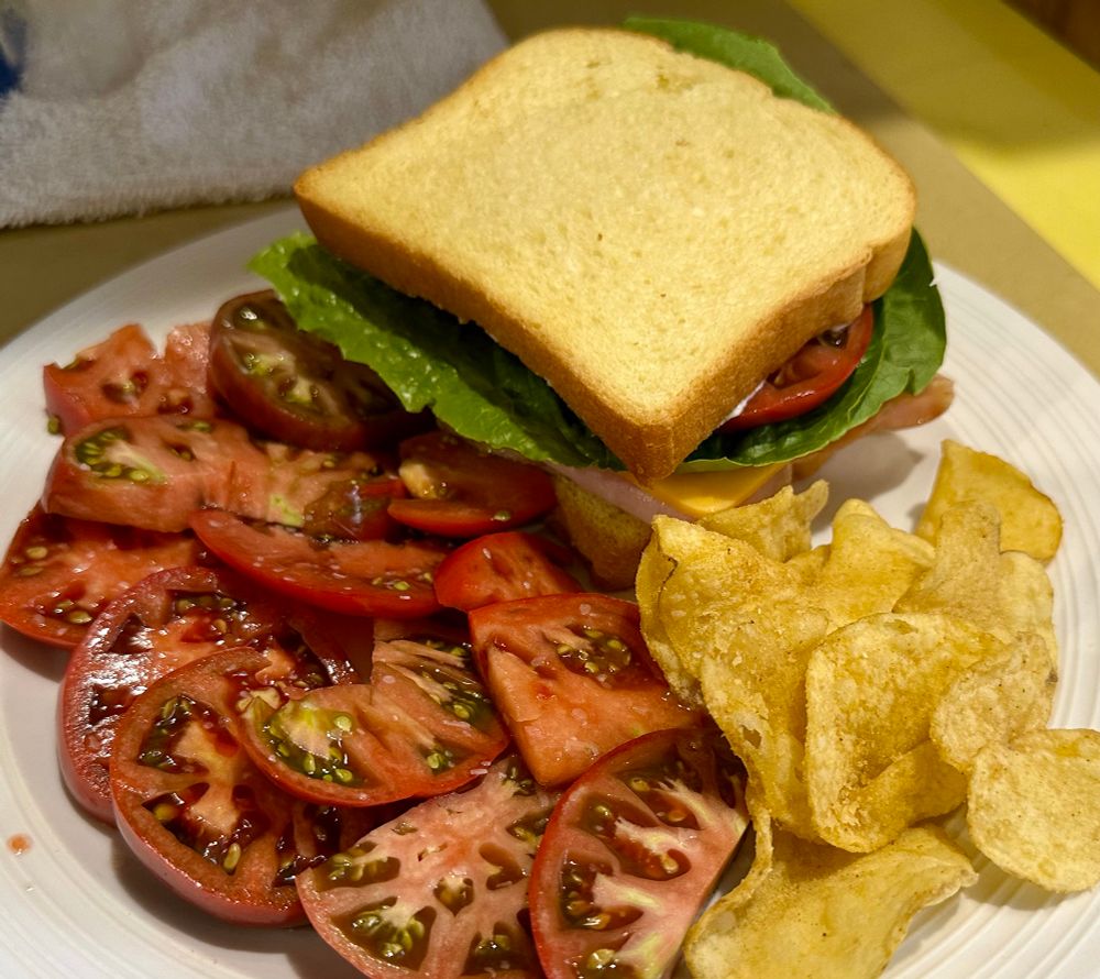 A pile of sliced Cherokee purple tomatoes, sits on a plate next to a handful of kettle chips and a ham and cheddar sandwich. Also with tomato on it.