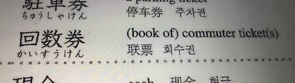 Foto de un libro de kanji. 回数券 (book of) commuter tickets. Es decir, abono de boletos de transporte público.