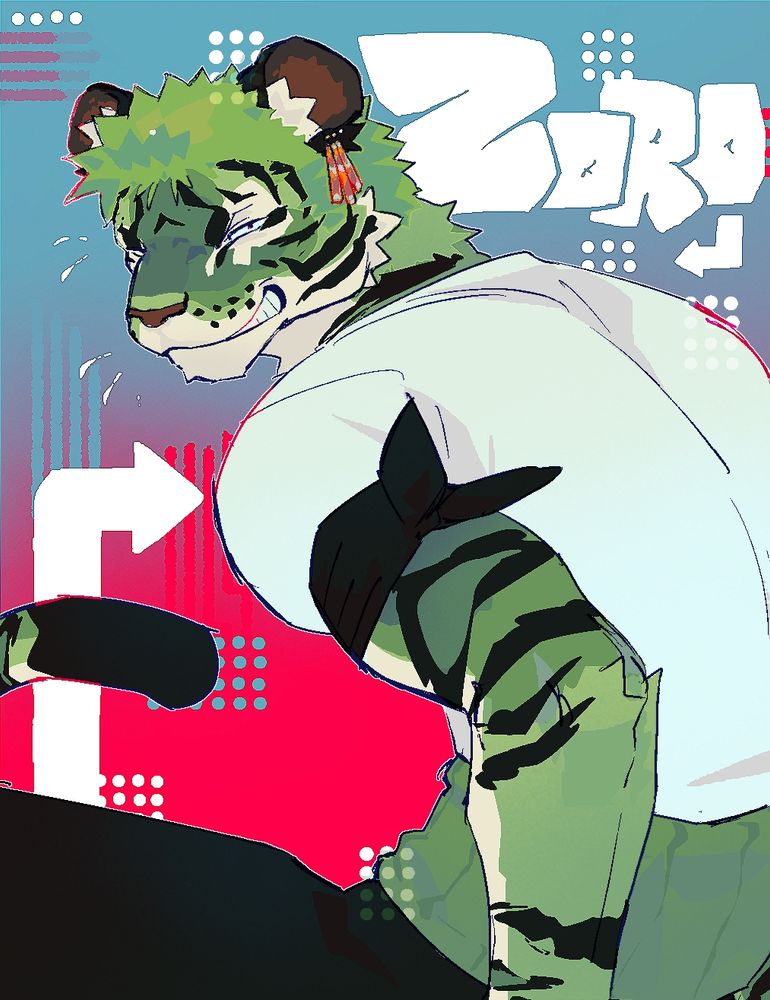 a drawing of an anthro/furry zoro design. he is a green tiger, wearing his typical pre-timeskip outfit. he is sitting with his legs crossed, twisting to smirk playfully over his shoulder at the viewer, his tail barely in frame. the background is a hand drawn teal and pinkish-red graphic.