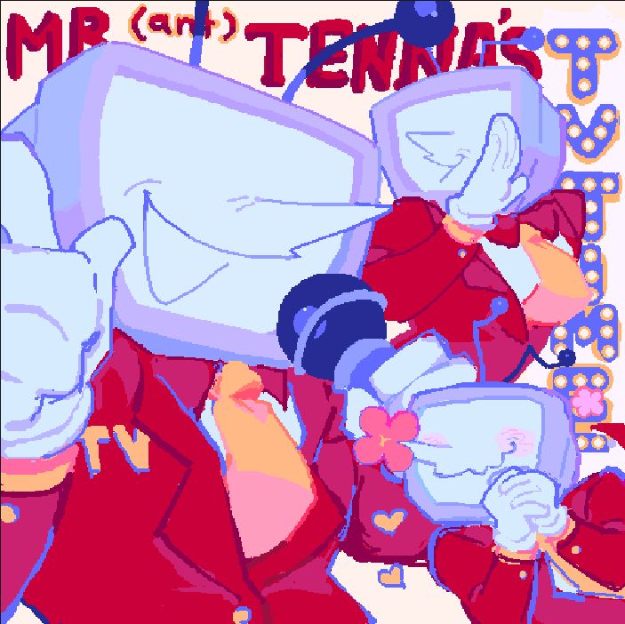 pixel art of tenna from deltarune. the background reads "MR. (ant) TENNA's TV TIME", and in the foreground are three half-bodies of tenna. the first has him pointing up with a big smile and speaking into a microphone, the second has him smugly speaking behind a hand to the audience, and the third has him blushing and smiling sweetly, with a flower blossoming on his nose and his hands clasped.