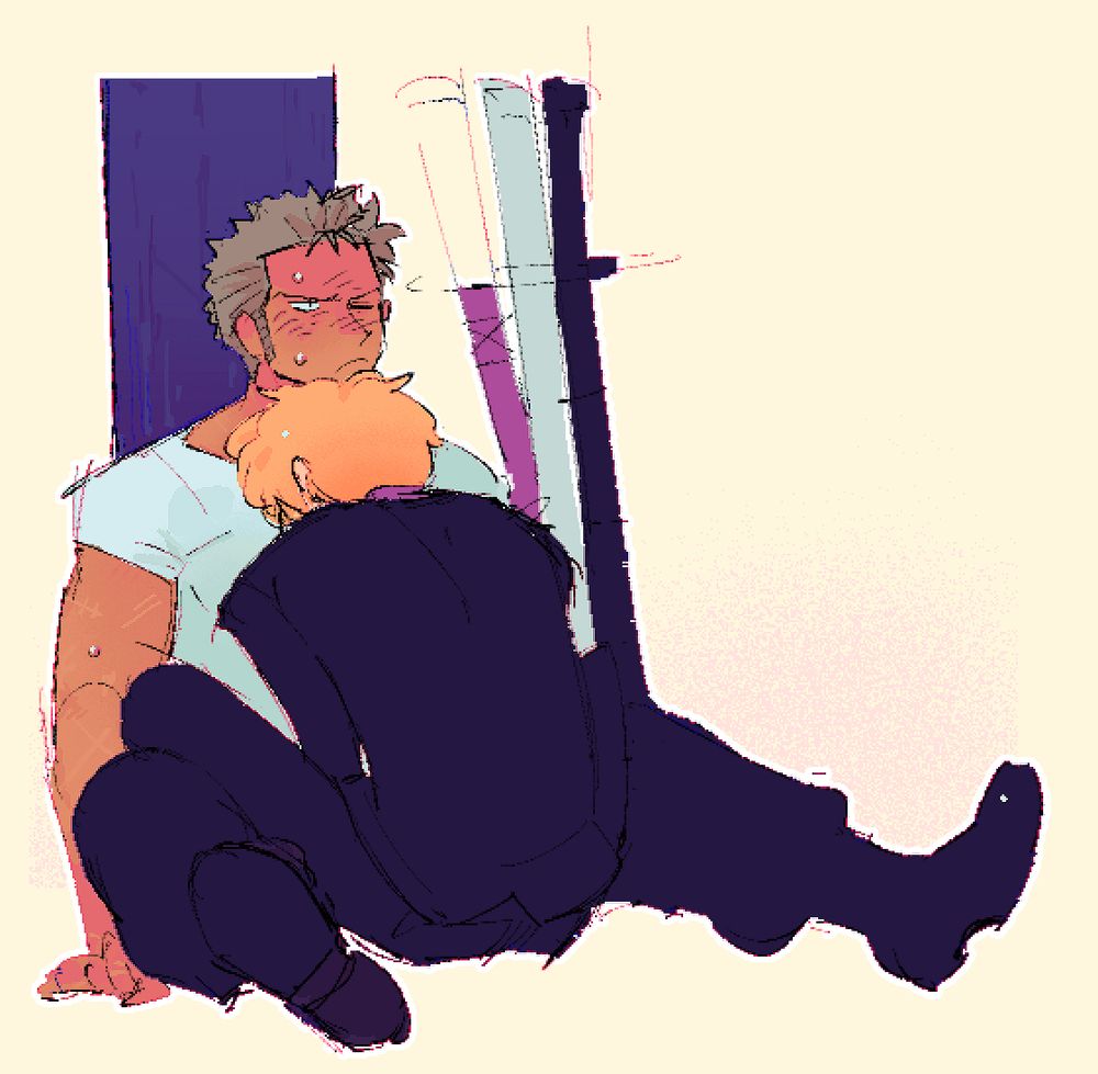  a drawing of zoro leaning back against some wood, swords leaned by his side, and with sanji sitting between his legs, resting his head on zoros sternum. he has his own legs over zoro's, and zoro is resting his chin on top of sanji's head, looking very flustered with one eye closed.