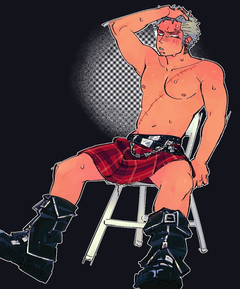 zoro sitting on a folding chair, sweaty from exertion. he is wearing a plaid skirt and leather punk boots.
