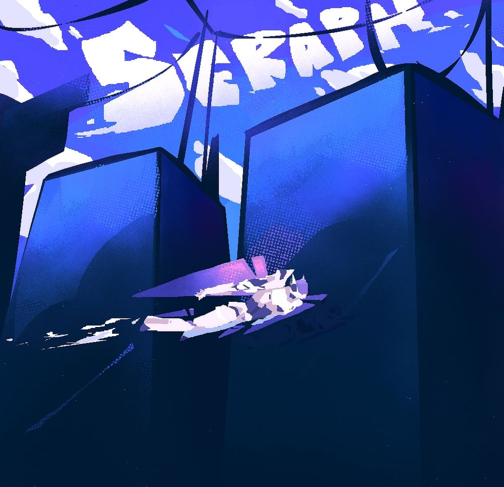 a stylized lineless illustration of gibb's character, seraph, flying past two buildings. the overall piece is extremely blue, aside from seraph, who is a purple/lilac and futuristic looking robot with hardlight wings. the blue sky is riddled with powerlines and cables and white clouds- a few of which spell out 'SERAPH'.
