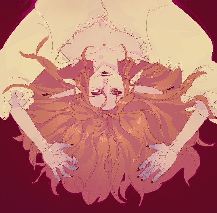 a halfbody of my friend's DMPC, Escher, on a maroon-burgundy-ish background, laying upside down and smirking up at the viewer with his hands splayed above his head and his hair fanning out beneath him. Escher is a sickly pale, older vampiric elf with long pointed ears, and long golden hair. his fingers and eyebags are turning purple from lack of blood circulation and his face is painted with crimson makeup.