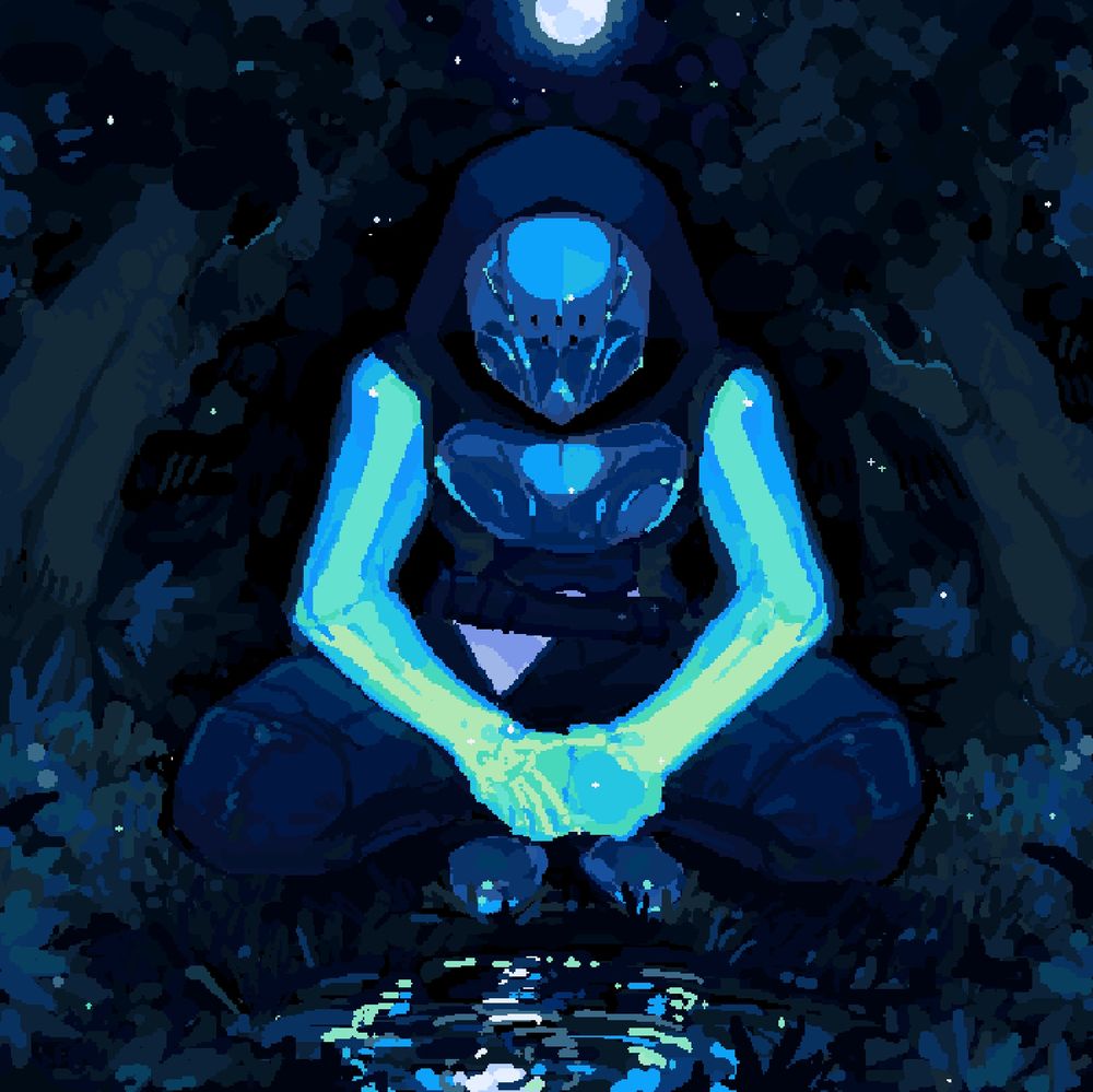 a heavily blue and monotone pixel art illustration drawn with mouse of my dnd character aescwynn sitting in front of a pond  at night. he's doing a sort of slav-squat with his elbows on his knees and his hands clasped as he stares into the pool, which reflects the moon above him and only part of him. dark trees and foliage loom above him.