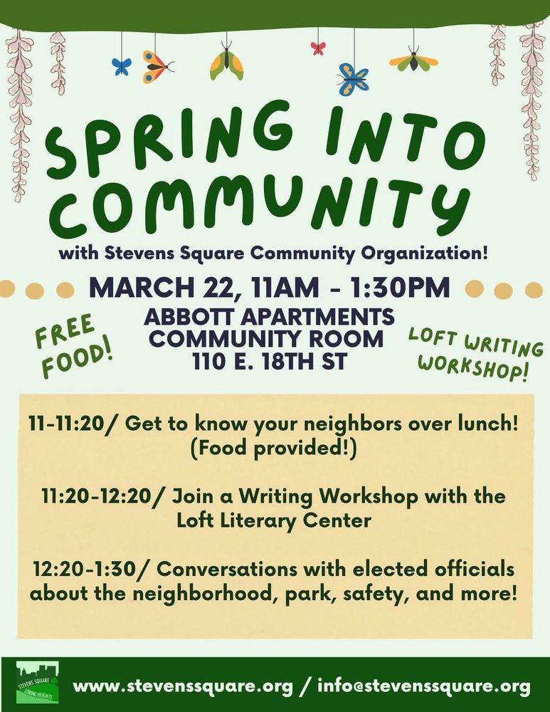 Green flyer for "Spring Into Community" neighborhood organizatiom event. There are flowers and colorful bugs decorating the top.