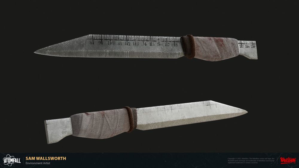 Image of the Shiv from Atomfall that I created as part of an art jam. It looks like a roughly made blade out of a ruler, with the measurement guidelines along the spine of the blade. Can find more images and videos on a Artstation post here: https://www.artstation.com/artwork/lGagnz