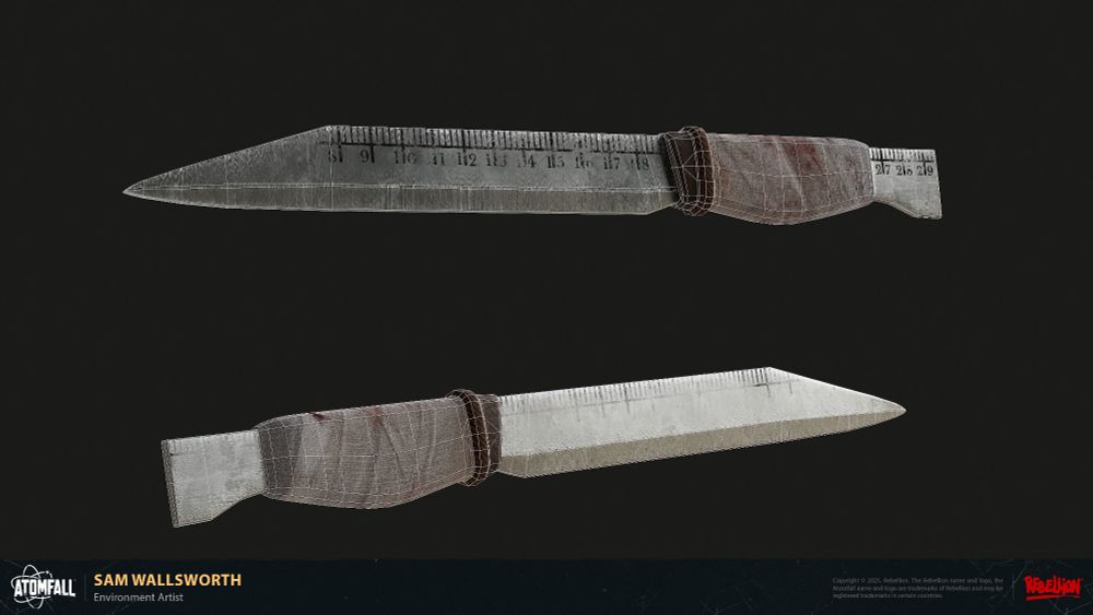Image of the Shiv from Atomfall that I created as part of an art jam. It looks like a roughly made blade out of a ruler, with the measurement guidelines along the spine of the blade. Can find more images and videos on a Artstation post here: https://www.artstation.com/artwork/lGagnz