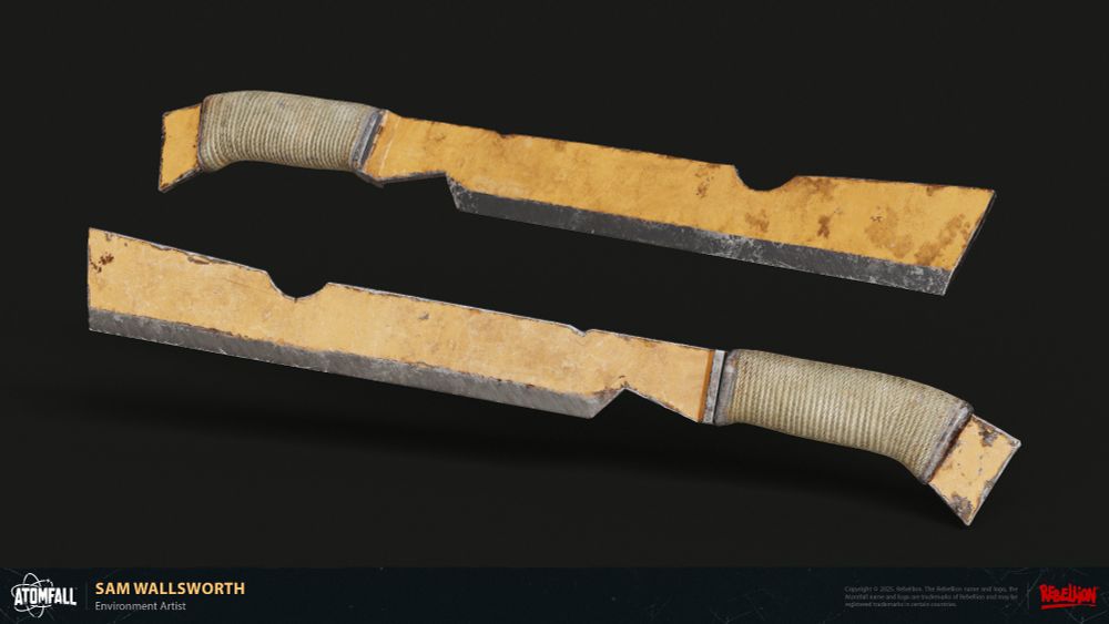 Image of the Heavy Survival Knife from Atomfall that I created as part of an art jam. It was inspired by the Uruk Hai Scimitar, having unrefined edges and a brutish shape. Can find more images and videos on a Artstation post here: https://www.artstation.com/artwork/4NzWB8