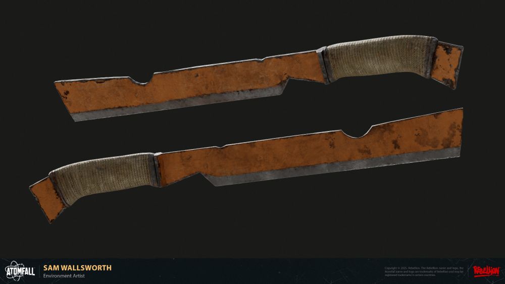 Image of the Heavy Survival Knife from Atomfall that I created as part of an art jam. It was inspired by the Uruk Hai Scimitar, having unrefined edges and a brutish shape. Can find more images and videos on a Artstation post here: https://www.artstation.com/artwork/4NzWB8