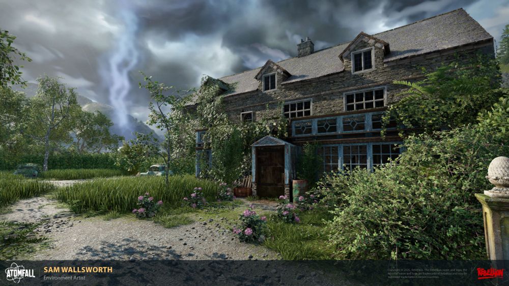 An image from Atomfall showing the side of Datlow hall. My responsibilities was to convert a design blockout and arting it up into a near production quality environment. Credits on those involved can be found on the Artstation post https://www.artstation.com/artwork/WX30xX