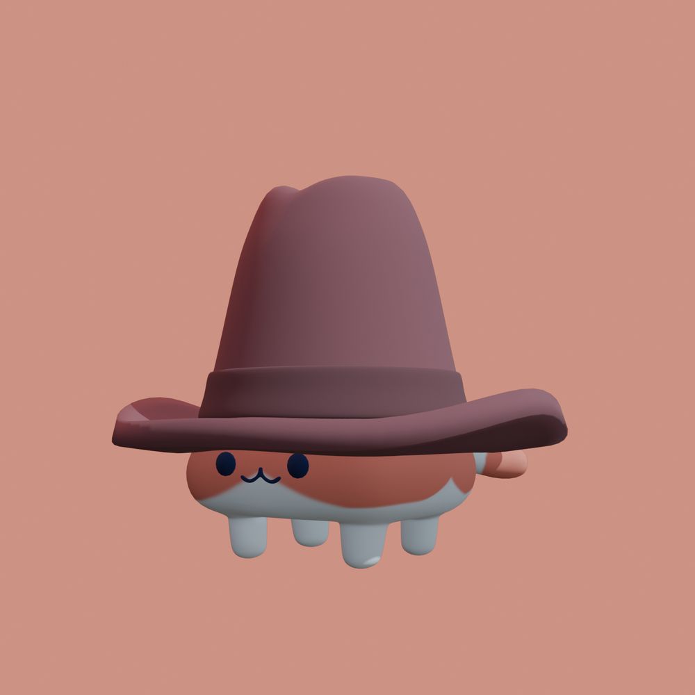 Cartoon style 3d model of a cat with a large cowboy hat on its head