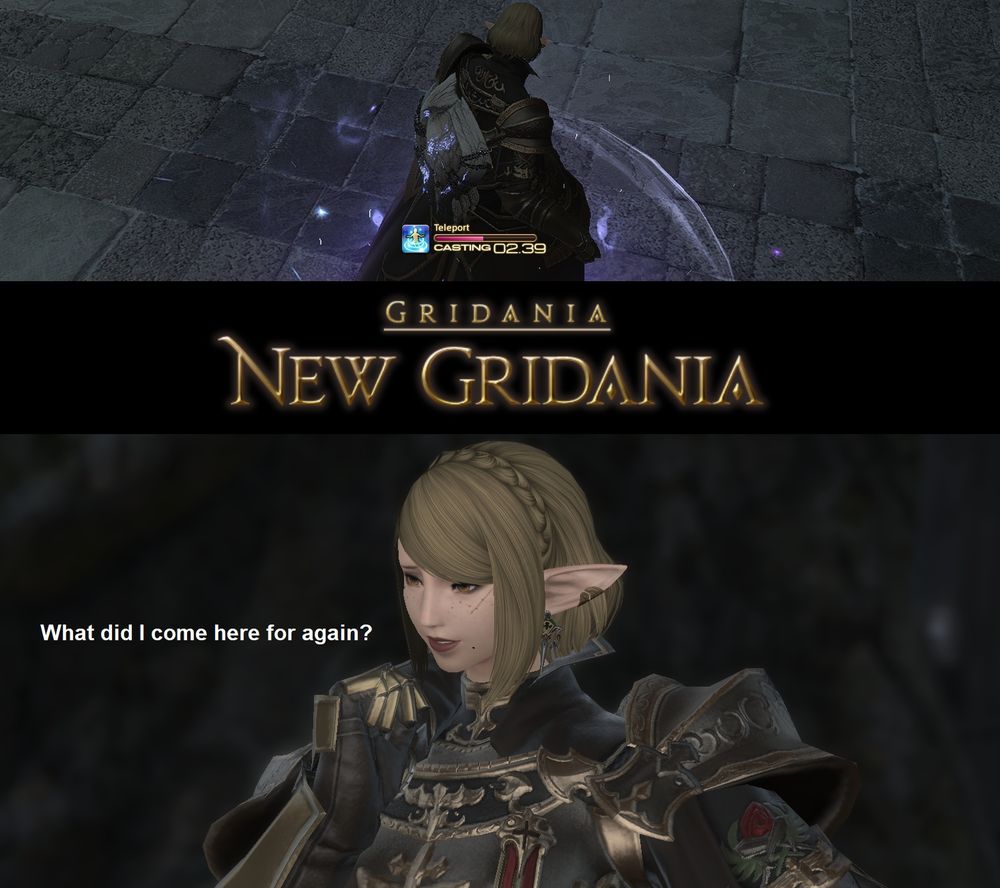 A series of screenshots depicting teleporting to another location in FFXIV. The Elezen in the bottom image is thinking, with the text reading "What did I come here for again?"