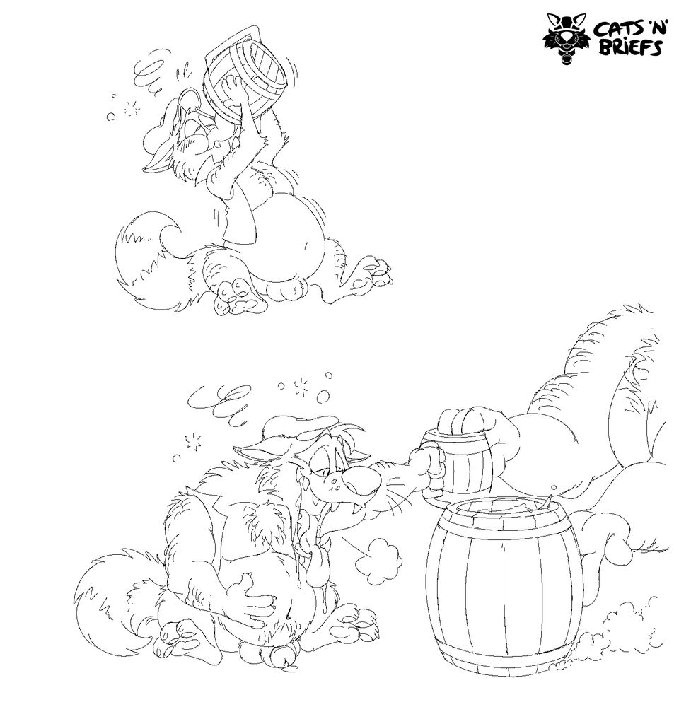 Two sketches:
First, Geo continues to drink the mug's contents, looking rather dazed, and scruffy, sheath showing. 

Second, Geo has emptied the mug, looking rather drunk, looking much more scruffy and monstrous. The gnoll is pushing over a much larger mug. 
