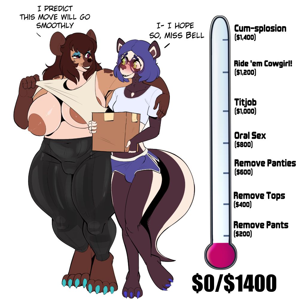 Wisteria Bell, a mature hyena MILF, is showing a boob to Rozmi, a ferret who is holding a box. Wisteria is saying "I predict this move will go smoothly" to which Rozmi is replying "I- I hope so, Miss Bell" 