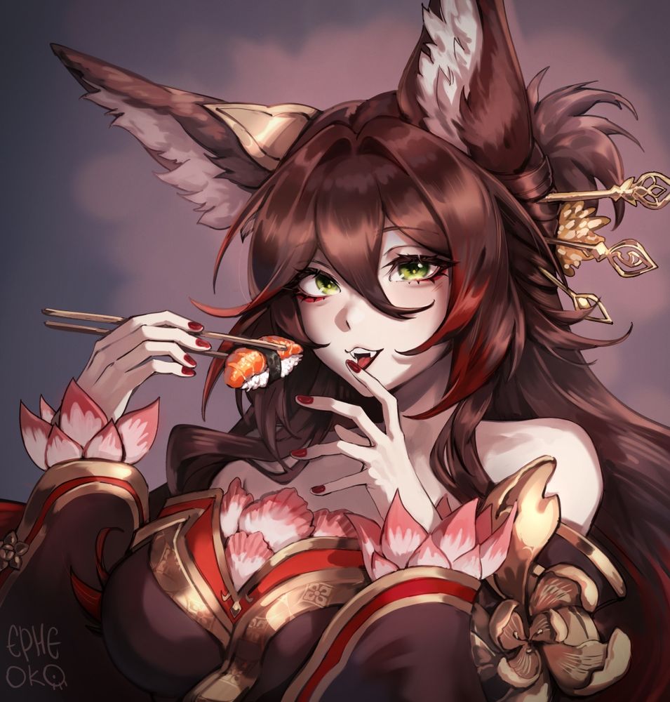 an illustration of fugue / tingyun from honkai star rail holding a piece of salmon sushi