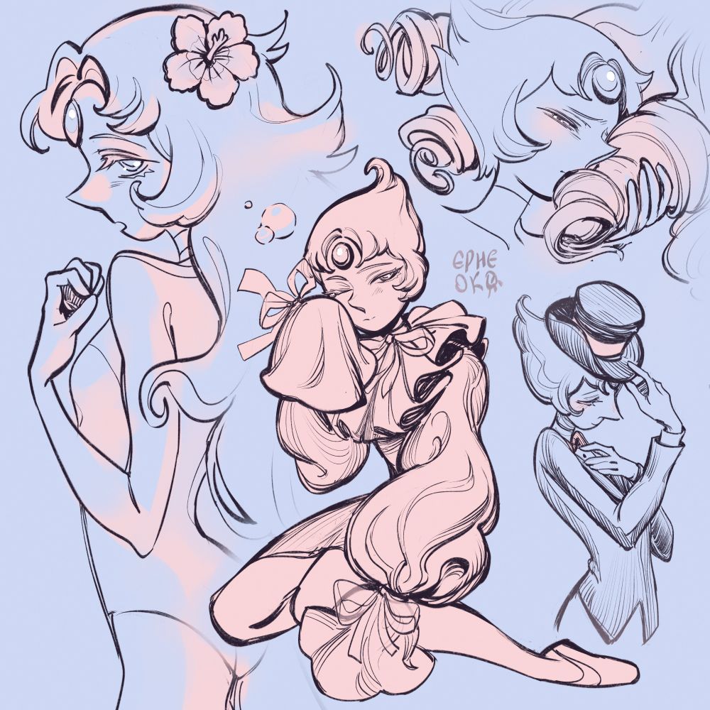 sketchpage of pearl from steven universe. sketch 1: pearl has long flowing hair with a hibiscus flower adorning it. she has her back turned towards us, but she's looking back. sketch 2. she's in a free and flowy blouse with huge sleeves, a big ruffled collar and bows on her wrists and neck. she's sitting down and rubbing her eye with her sleeve, as if she's just woken up. sketch 3. pearl holds a coil of rose's hair, pressing it to her cheek, as rose herself appears to be turned away from her. sketch 4. pearl is in her tuxedo outfit from mr. greg. she's gently tipping her hat, looking down with a slight smile, her hand other hand pressed on her chest.