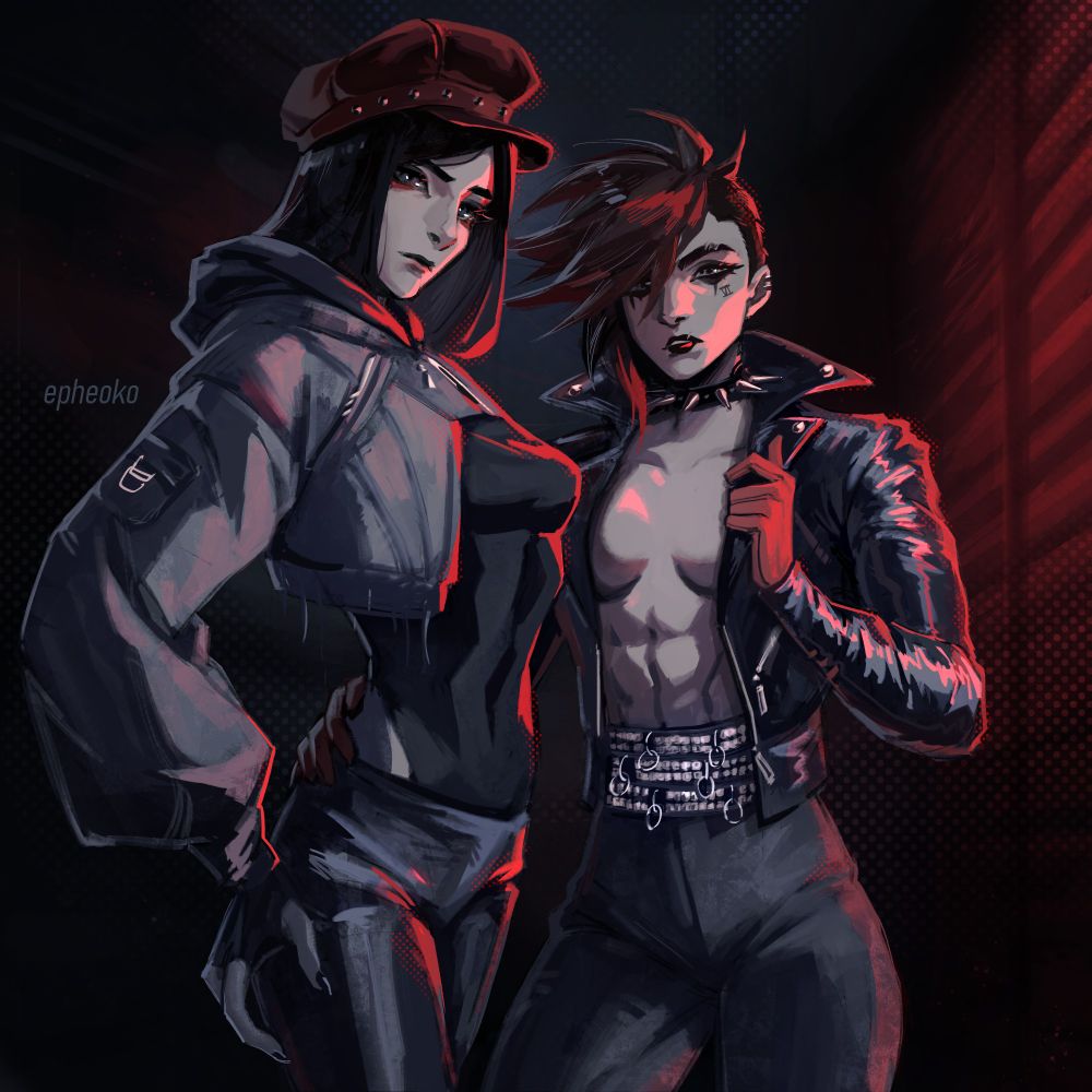 caitlyn and vi from arcane in vaguely punk fashion and even vaguer red neon cyberpunk lighting. 
caitlyn wears a cute red studded beret and vi doesn't wear anything under her leather jacket. 