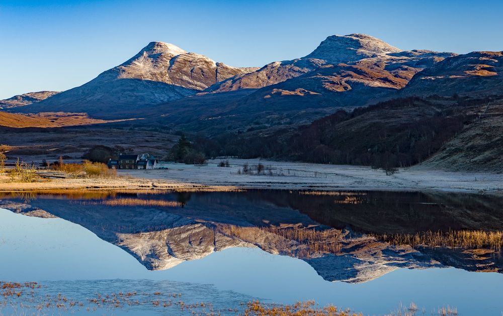Snow capped mountains reflected in a freshwater loch.