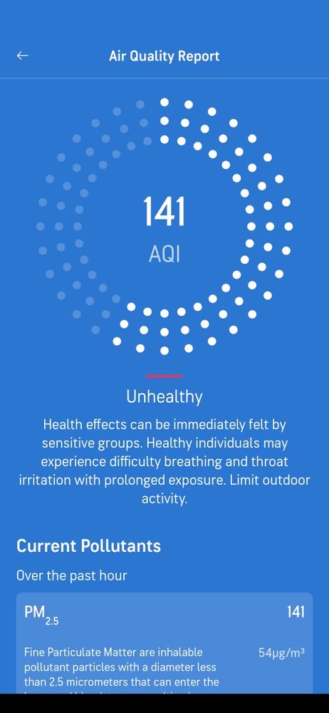 Screenshot of accuweather app showing 141 AQI