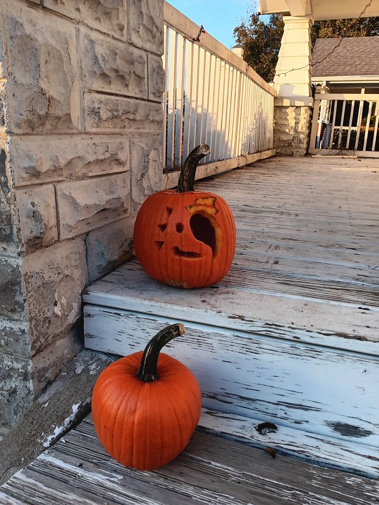 2 pumpkins on a white painted steps. One is tiny and uncarved, the other has been carved like sun from fnaf... my child tells me.