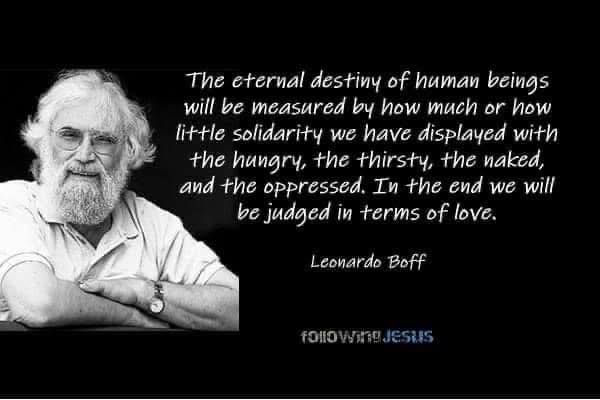 The image includes the quotation shared in the main post along with a picture of Leonardo Boff (an older white man with long white hair and beard, wearing glasses).