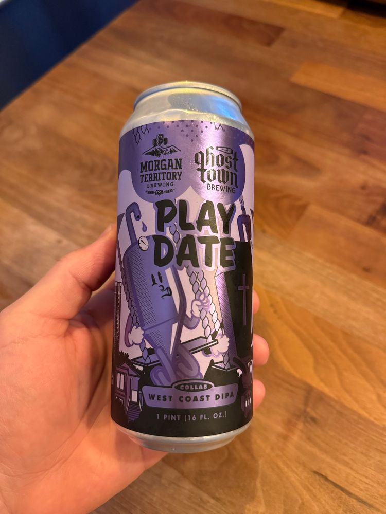 16oz can, purple and black design of a stainless steel fermenter on a swing. Top left says Morgan territory, top right says ghost town brewing. Beer is call play date. 