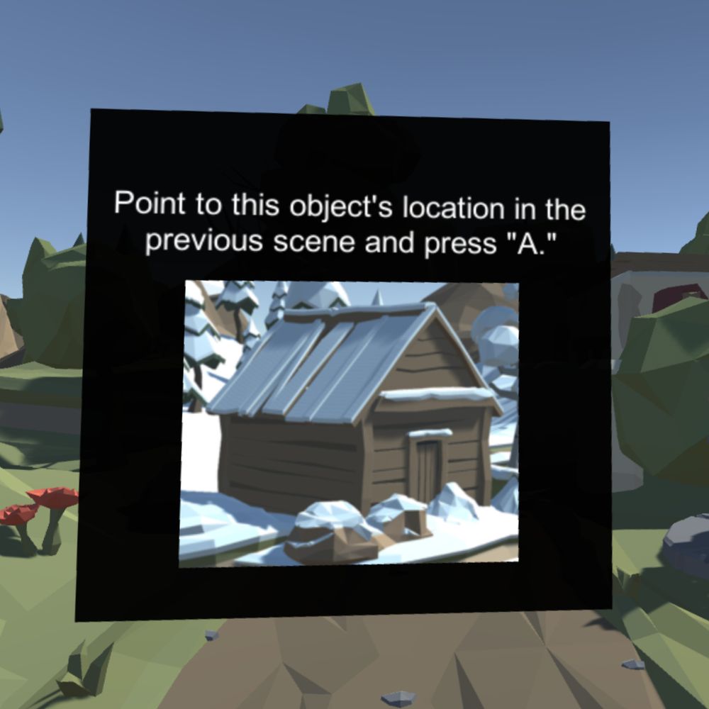 Up close view of a UI for a spatial recall task. The UI consists of a black plane with an image of an object that the participant saw in their preview environment and text telling them to point to that object relative to their current position.