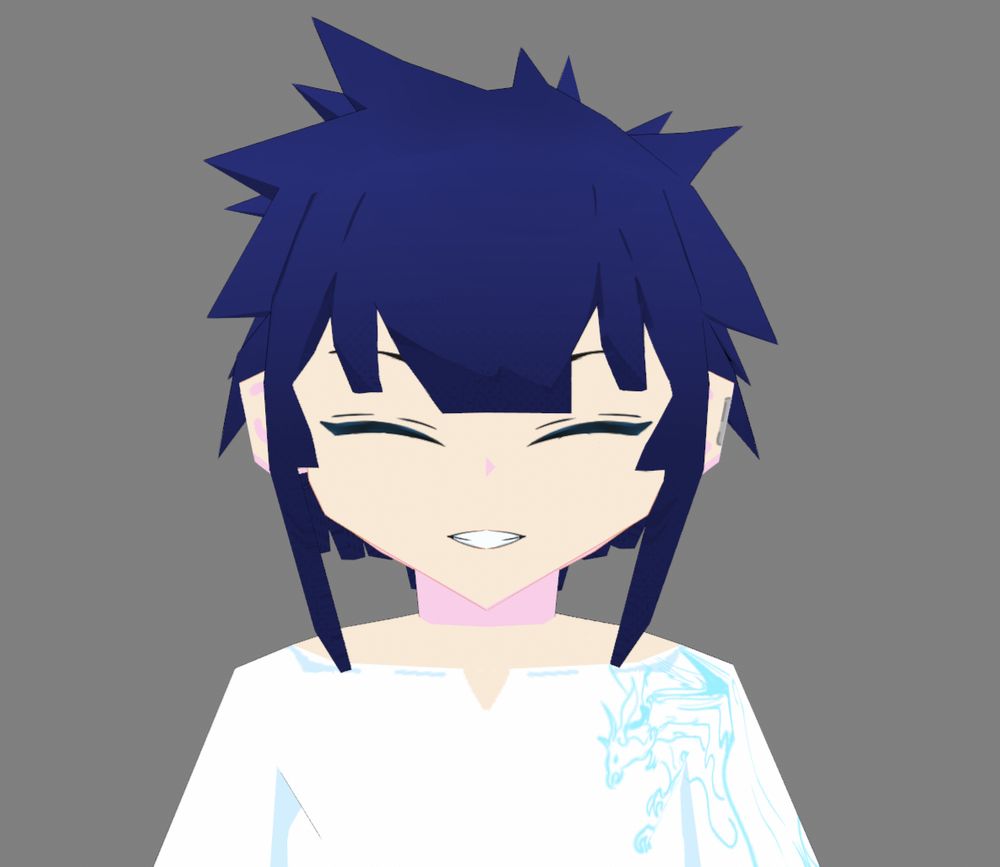 A dark blue-haired Vtuber in Low-Poly Style inspired by Mega Man Legends, smiling to the camera, happy to be playing video games soon.