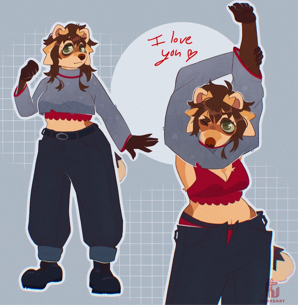 My fursona, Fawn (blonde raccoon furry) posing in a grey and red outfit! The outfit is a grey cropped sweater with a red bralette underneath with black jeans.