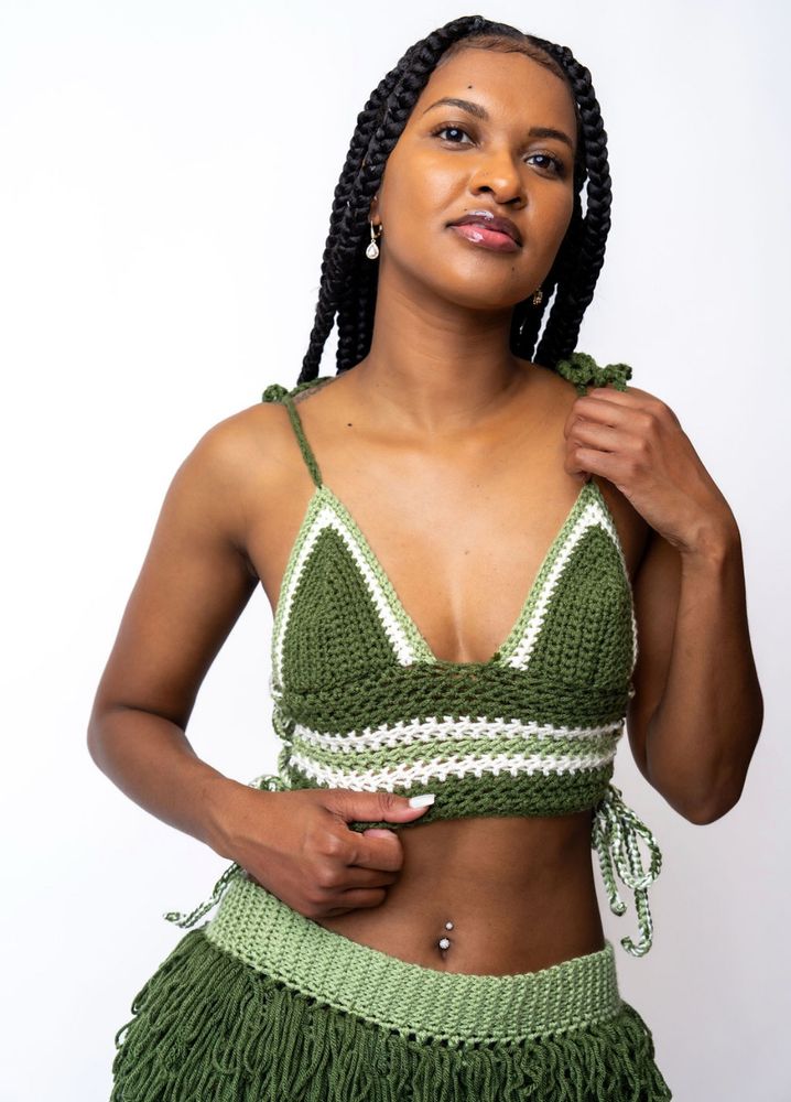 Green and white crochet crop top 
modeled by @rie_loaded
Photography by @carey_clutch 
on IG 