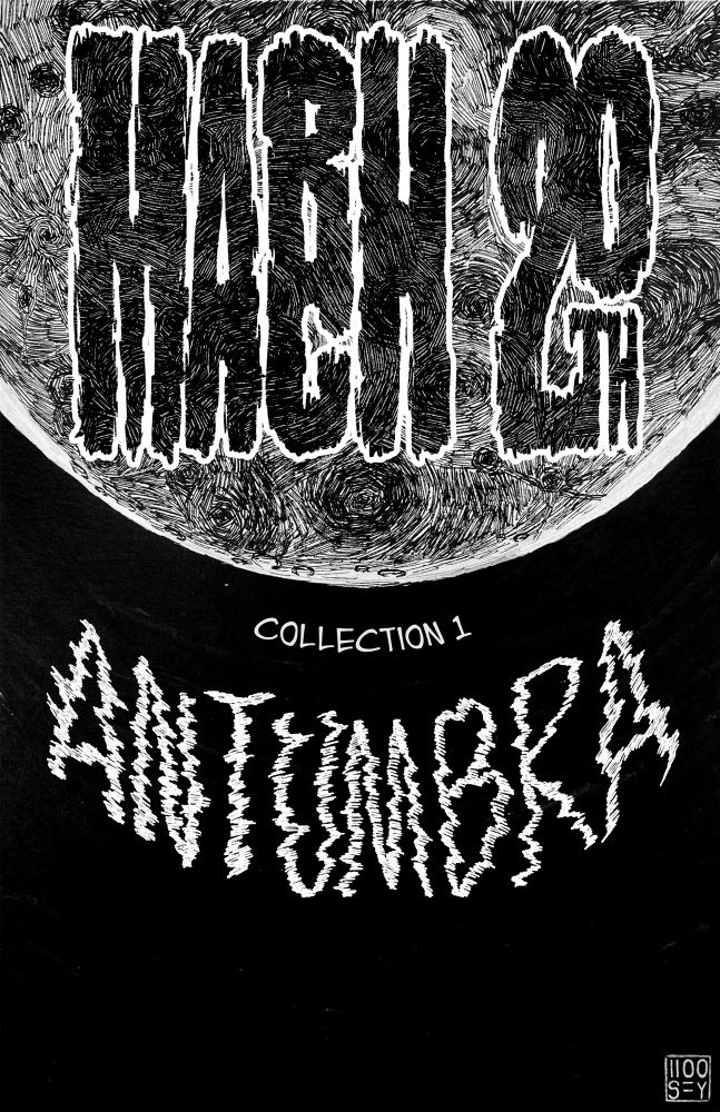 March 20th Antumbra Poster. 
A dark moon with a swirling black pattern spread across it with March 20th collection 1 Antumbra displayed