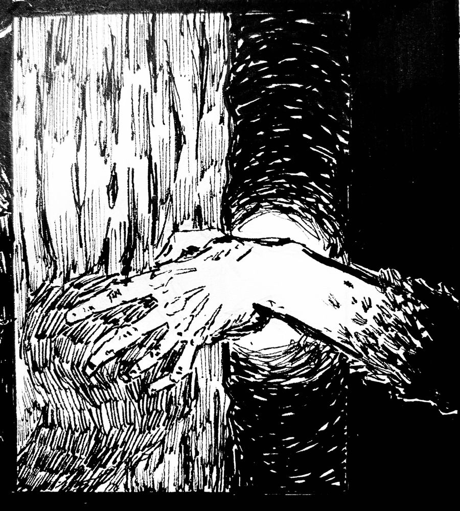A monstrous hand dragging along a tree, where it drags a swirling pattern is left