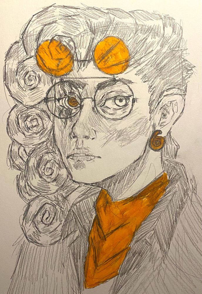 Sketch of girl with swirling hair curls, glasses with flip down sunshades, orange accents and a weird swirly right eye.