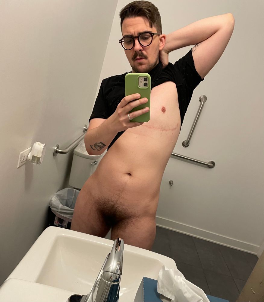 Max shows off some bush in the bathroom 