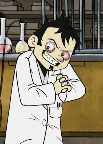 a cartoon of a man in a lab coat with a big smile on his face