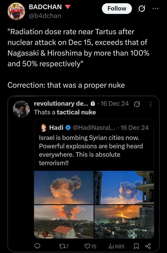 Two posts from Twitter where people discuss pictures of Israeli missile strikes and claim they are obviously nuclear weapons that left behind more radiation than the Hiroshima bomb.