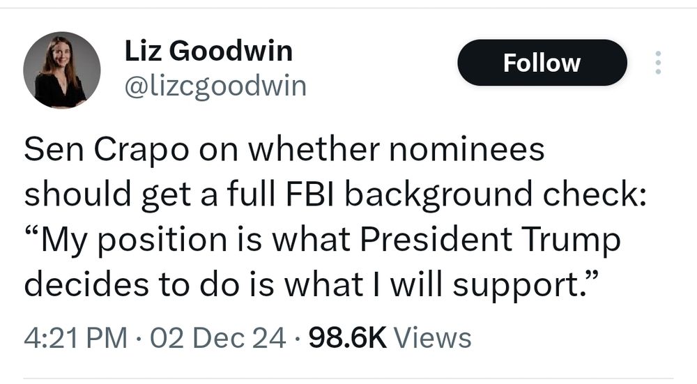 Sen Crapo on whether nominees should get a full FBI background check: “My position is what President Trump decides to do is what I will support.”