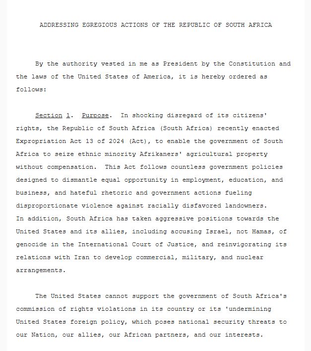 the United States shall promote the resettlement of Afrikaner refugees escaping government-sponsored race-based discrimination, including racially discriminatory property confiscation