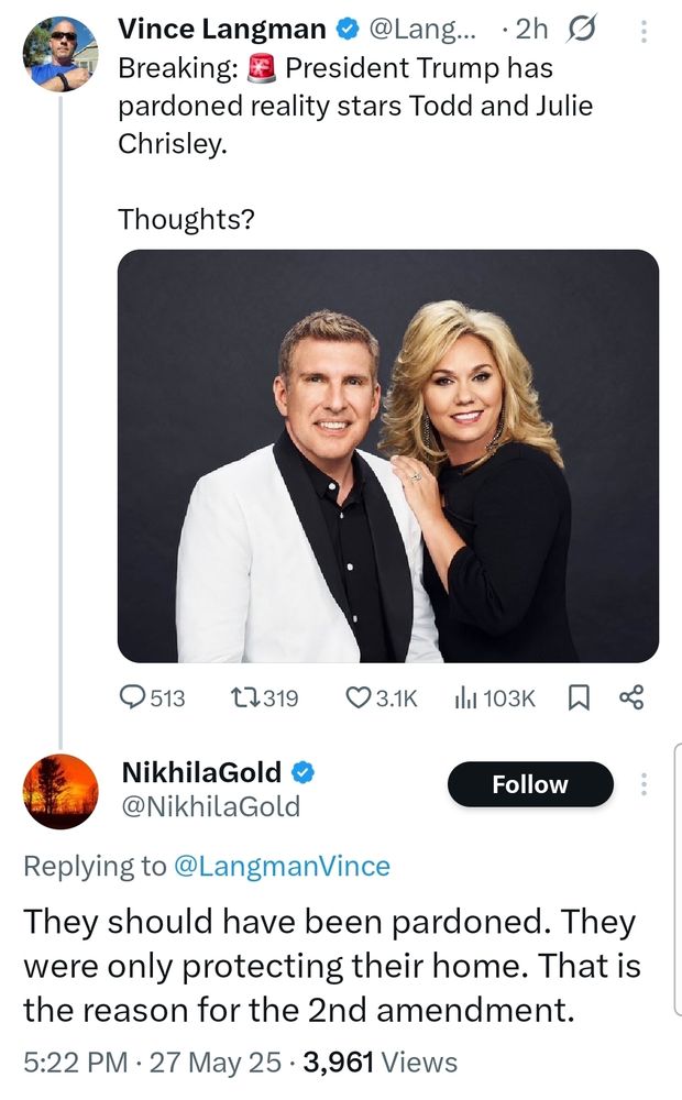 Conservative Twitter user thinks that the Chrisleys are the McCloskeys when reacting to news of their pardon