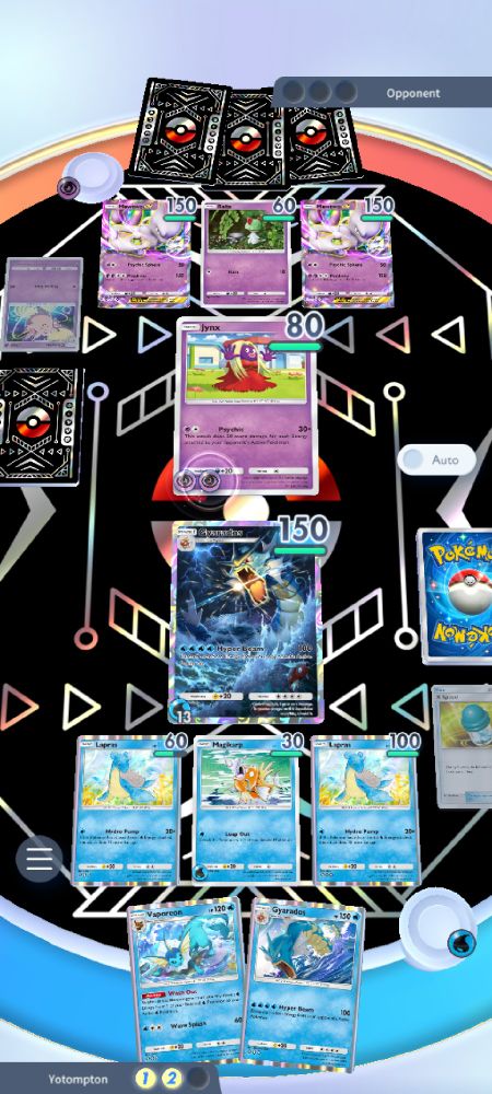 Another Pokemon TCGP screenshot. The Magickarp with 13 energies is now a Gyarados with 13 energies (still significantly more than he can utilize) is now faced with a Jinx that has the move Psychic (it does 30+(20*energy attached to your opponents active pokemon) (Gyarados was smote down in his hubris by 290 damage)).
