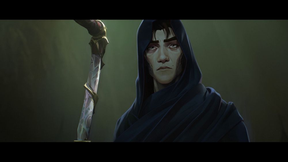 viktor (arcane) utilizando manta como capuz e veste. segurando um cajado.