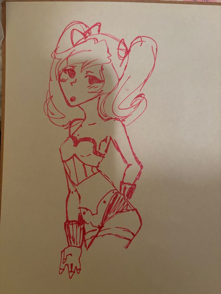 a pink gel pen sketch of my oc lily. she’s a twin tailed corset girl with gloves and thigh high boots 