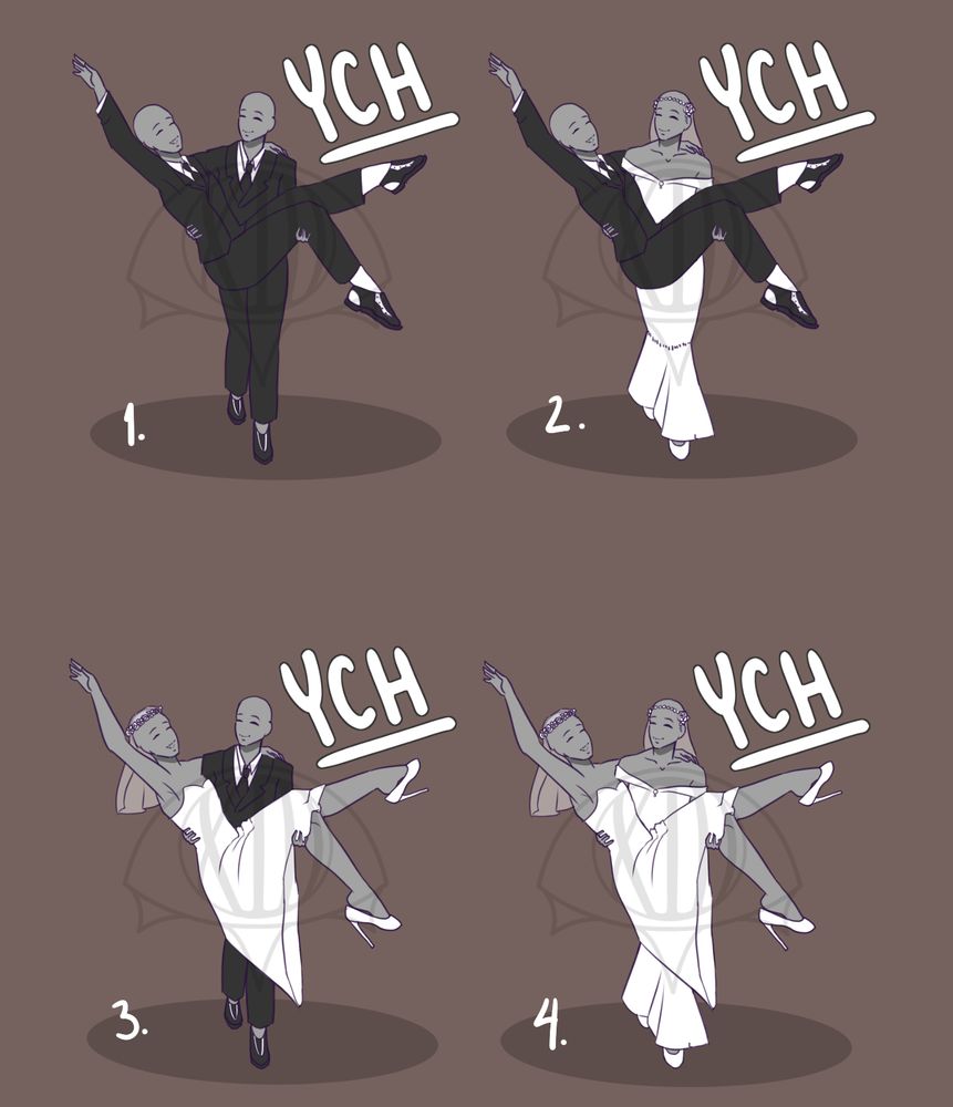 Princess carry pose pasted 4 times across the image with YCH in the corner and numbers labelling each pose 1 through 4. Each pose has characters in different configurations of either a suit or dress!