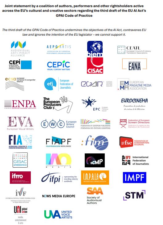 Logos of the coalition of rightsholders against the current draft of the AI Code of Practices